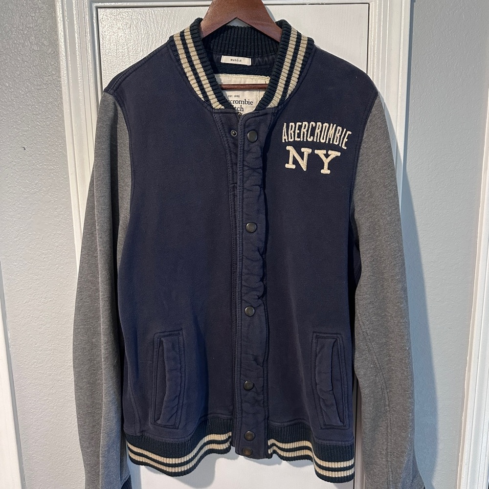 Abercrombie & Fitch Men's Navy and Gray Varsity Jacket